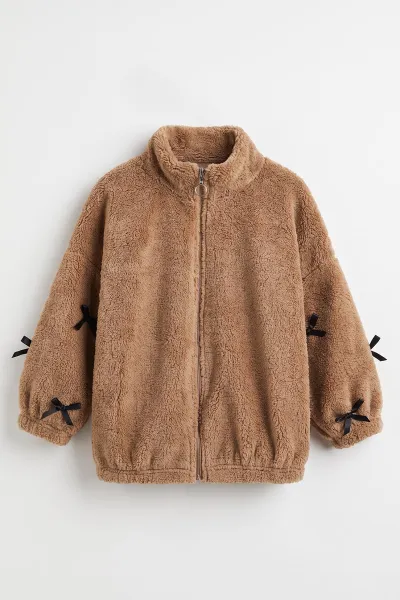 Kahve (5-11 Yaş)Kolları Fiyonklu Peluş Kız Çocuk Hırka 498268