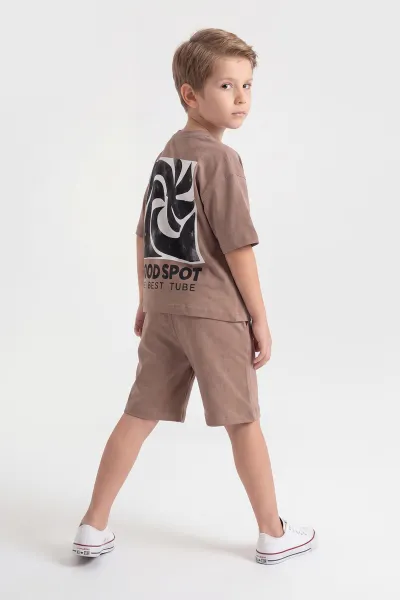 Kahve (5-12 Yaş)Ön Arka Baskılı Şortlu Erkek Çocuk Takım 462683