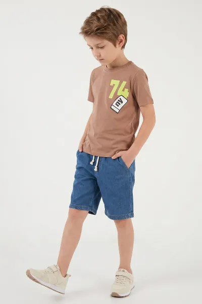 Kahve (6-14 Yaş)Ön Arka Baskılı Kot Şortlu Erkek Çocuk Takım 457553