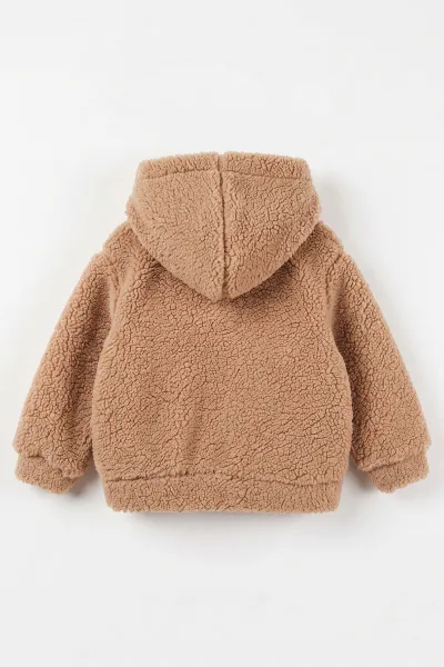 Kahve (6-18 Ay) Ayı Nakışlı Kapüşonlu Kuzu  Erkek Bebek Hırka 486868