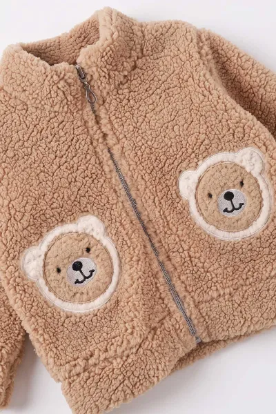 Kahve (6-18 Ay) Ayıcık Nakışlı Kuzu Sweatli Alt Şardonlu Erkek Bebek Kışlık Takım 499761
