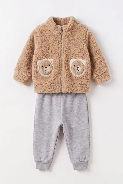 Kahve (6-18 Ay) Ayıcık Nakışlı Kuzu Sweatli Alt Şardonlu Erkek Bebek Kışlık Takım 499761