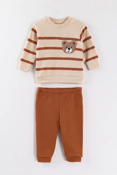 Kahve (6-18 Ay) Süzene Ayıcık Nakışlı Penye Kumaş  Erkek Bebek Takım 475906