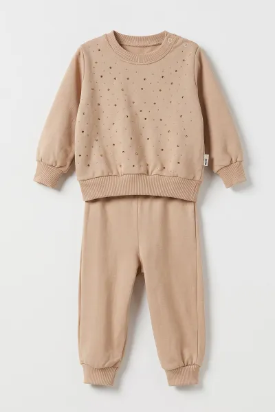 Kahve (6-18 Ay) Taş Baskılı 2 İp Kız Bebek Mevsimlik Takım 485288