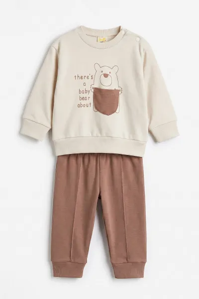 Kahve (6-18 Ay)Bear Baskılı Cep Detaylı Çıtçıtlı Çimalı Erkek Bebek Takım 477819