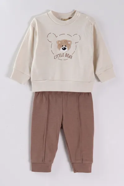 Kahve (6-18 Ay)Bear Süzene Nakışlı Çıtçıtlı Çimalı Erkek Bebek Takım 477305