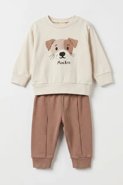 Kahve (6-18 Ay)Köpek Baskılı Çıtçıtlı Çimalı Erkek Bebek Takım 477639
