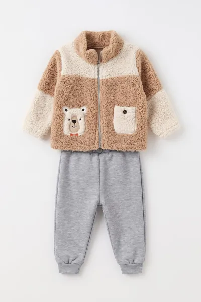 Kahve (6-18 Ay)Nakışlı Kuzu Sweatli Alt Şardonlu Erkek Bebek Kışlık Takım 499798