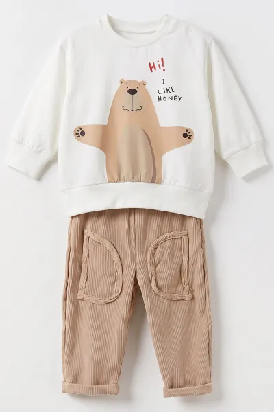 Kahve (6-24 Ay) Ayıcık  Baskılı  Erkek Bebek 3'lü Takım 473248