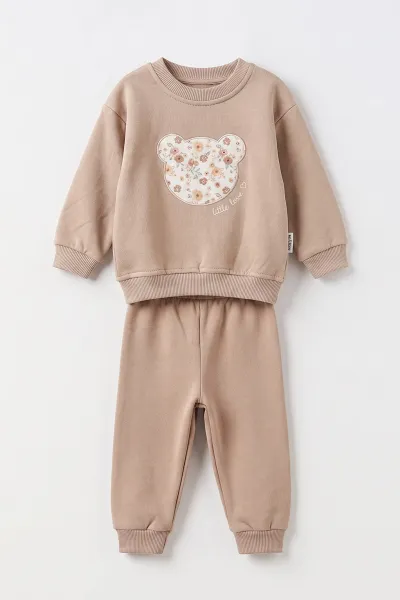 Kahve (6-24 Ay) Ayıcık Kafası Nakışlı 3 İp Şardonlu Kız Bebek Kışlık Takım 499495