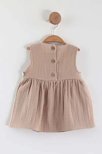 Kahve (6-24 Ay) Boyuna Örgü İşlemeli Kız Bebek Müslin Elbise 449575