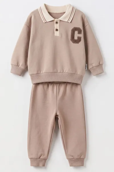 Kahve (6-24 Ay) C Nakışlı Polo Yaka 2 İp Erkek Bebek Takım 493936