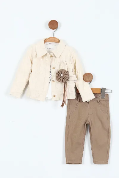 Kahve (6-24 Ay) Çiçek Aksesuarlı Baskılı Sweatli Ceketli ve Pantolonlu Kız Bebek 3'lü Takım 408392