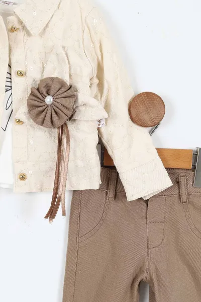 Kahve (6-24 Ay) Çiçek Aksesuarlı Baskılı Sweatli Ceketli ve Pantolonlu Kız Bebek 3'lü Takım 408392