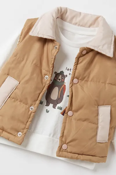 Kahve (6-24 Ay) Çizgili Pantolonlu Yelekli 3'lü Erkek Bebek Takım 473154