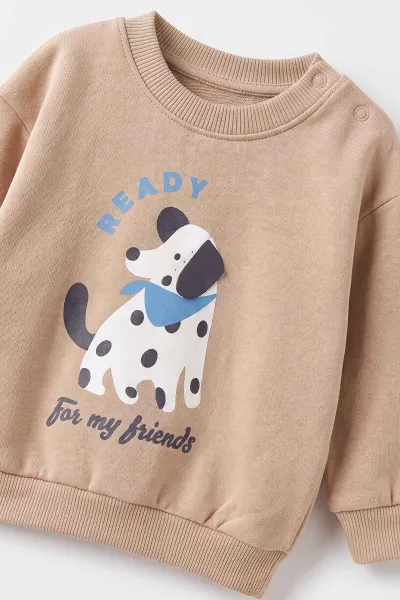 Kahve (6-24 Ay) Dalmaçyalı Köpek Baskılı 3 İp Şardonlu Erkek Bebek Kışlık Takım 499684