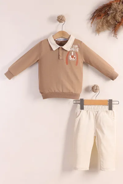 Kahve (6-24 Ay) Fun Awais Baskılı Gömlek Yaka Keten Pantolonlu Erkek Bebek 2'li Takım 413441