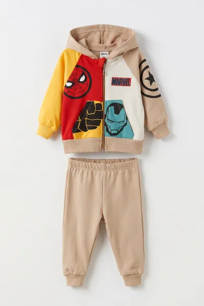 Kahve (6-24 Ay) Karakter Baskılı Kapüşonlu Fermuarlı Erkek Bebek Takım 473196