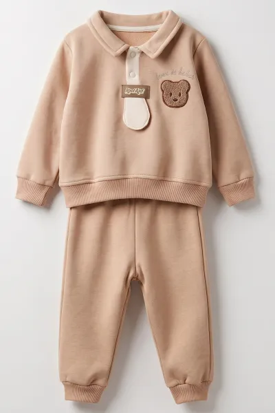 Kahve (6-24 Ay) Kravatlı Ayıcık Nakışlı  Gömlek Yaka 3 İp Şardonlu Erkek Bebek Kışlık Takım 490748