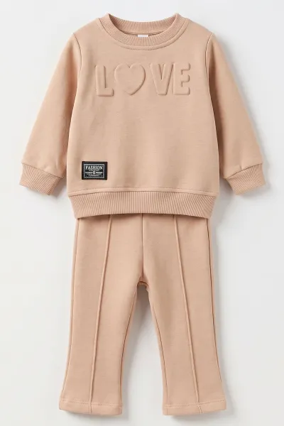 Kahve (6-24 Ay) Love Kabartma Baskılı 3 İp Şardonlu Kız Bebek 2'li Takım 495615