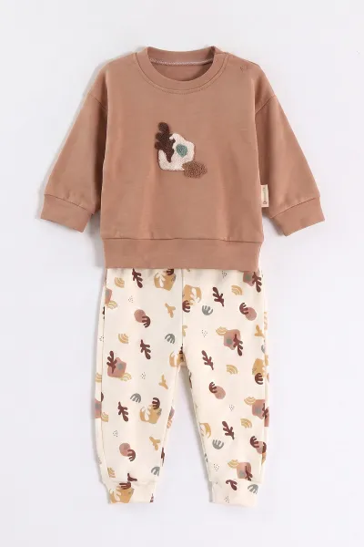 Kahve (6-24 Ay) Nakışlı Erkek Bebek 2'li Takım 473062