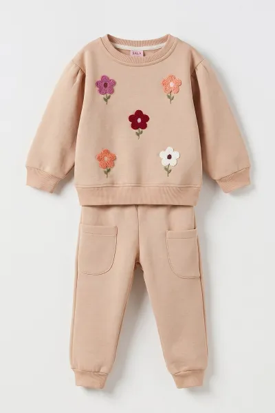 Kahve (6-24 Ay) Papatya Nakışlı   3 İp Şardonlu Kız Bebek Kışlık Takım 497250