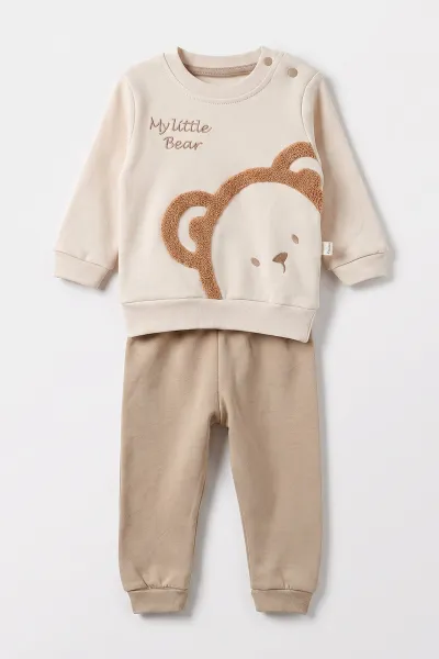 Kahve (6-24 Ay) Süzene Ayıcık Nakışlı  Erkek Bebek 2'li Takım 472847