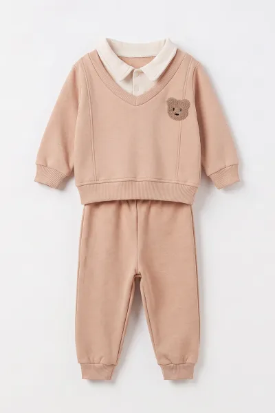 Kahve (6-24 Ay) Süzene Ayıcık Nakışlı Gömlek Yaka 3 İp Şardonlu Erkek Bebek Kışlık Takım 499486
