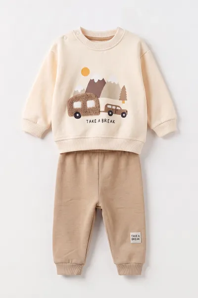 Kahve (6-24 Ay) Süzene Karavan Nakışlı 3 İp Şardonlu Erkek Bebek Kışlık Takım 499789