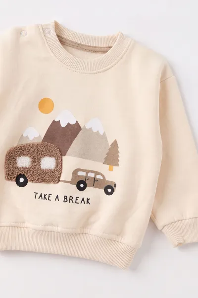 Kahve (6-24 Ay) Süzene Karavan Nakışlı 3 İp Şardonlu Erkek Bebek Kışlık Takım 499789