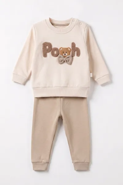 Kahve (6-24 Ay) Süzene Pooh Nakışlı Papyonlu Erkek Bebek 2'li Takım 472844