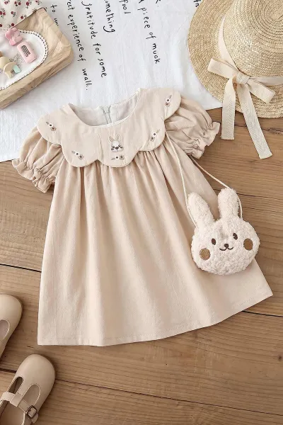 Kahve (6-24 Ay) Tavşan Çantalı Kol Lastikli Kız Bebek Elbise 470834