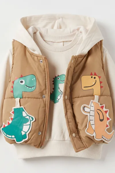 Kahve (6-24 Ay) Yeleği Dinozor Baskılı Kapüşonlu  Erkek Bebek 3'lü Takım 473243