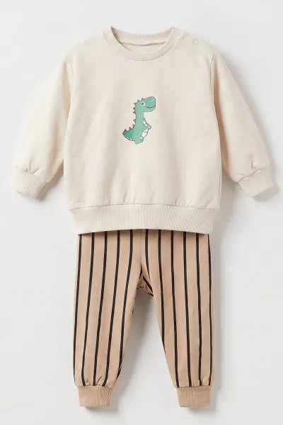 Kahve (6-24 Ay) Yeleği Dinozor Baskılı Kapüşonlu  Erkek Bebek 3'lü Takım 473243