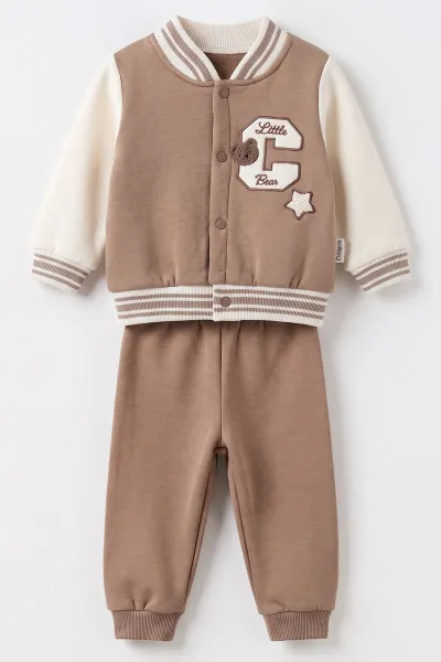 Kahve (6-24 Ay)C Nakışlı Kolej Ceketli 3 İp Şardonlu Erkek Bebek Kışlık Takım 493989