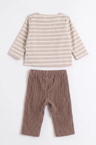 Kahve (6-24 Ay)Çizgili Desen Kanguru Cepli Müslin Erkek Bebek Takım 473120
