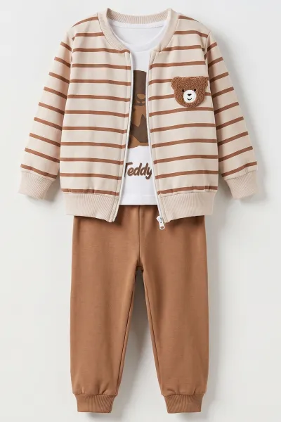 Kahve (6-24 Ay)Süzene Ayıcık Nakışlı Hırkalı  Erkek Bebek 3'lü Mevsimlik Takım 475646