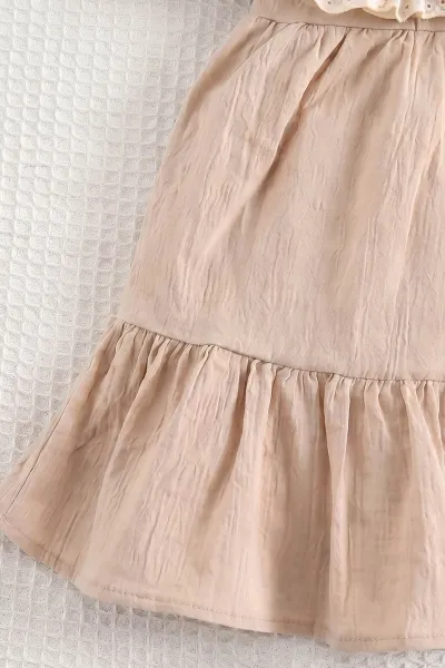 Kahve (6-24 Ay)Yakası Nakışlı Fistolu Müslin Kız Bebek Elbise 467273