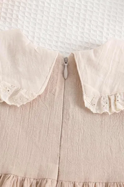 Kahve (6-24 Ay)Yakası Nakışlı Fistolu Müslin Kız Bebek Elbise 467273