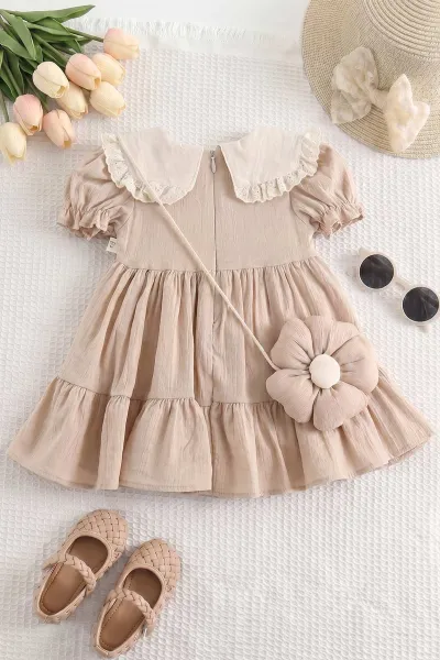 Kahve (6-24 Ay)Yakası Nakışlı Fistolu Müslin Kız Bebek Elbise 467273