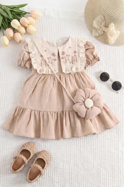 Kahve (6-24 Ay)Yakası Nakışlı Fistolu Müslin Kız Bebek Elbise 467273
