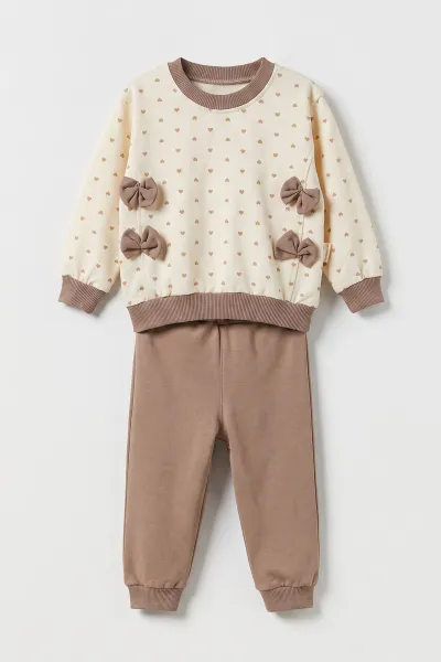 Kahve (6-9 Ay) Fiyonklu Kalp Baskılı 2'li Kız Bebek Takım 475980