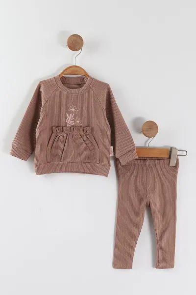 Kahve (9-24 Ay) Çiçek Nakışlı Kanguru Cepli Ajurlu Kız Bebek 2'li Takım 468765