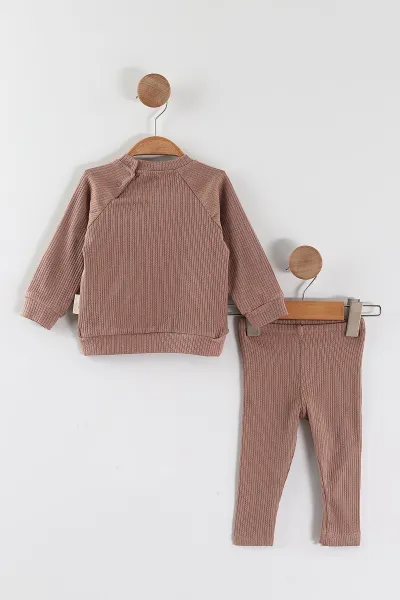 Kahve (9-24 Ay) Çiçek Nakışlı Kanguru Cepli Ajurlu Kız Bebek 2'li Takım 468765