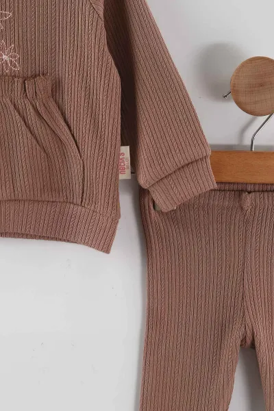 Kahve (9-24 Ay) Çiçek Nakışlı Kanguru Cepli Ajurlu Kız Bebek 2'li Takım 468765