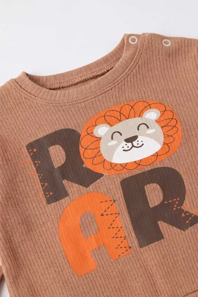 Kahve (9-24 Ay)Aslan Baskılı Lastikli Paça Fitilli Kumaş  Erkek Bebek Takım 480194