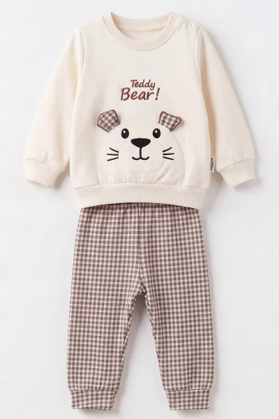 Kahve (9-24 Ay)Ayı Nakışlı Ekoseli Erkek Bebek Takım 476743