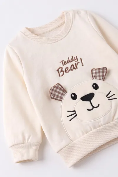 Kahve (9-24 Ay)Ayı Nakışlı Ekoseli Erkek Bebek Takım 476743