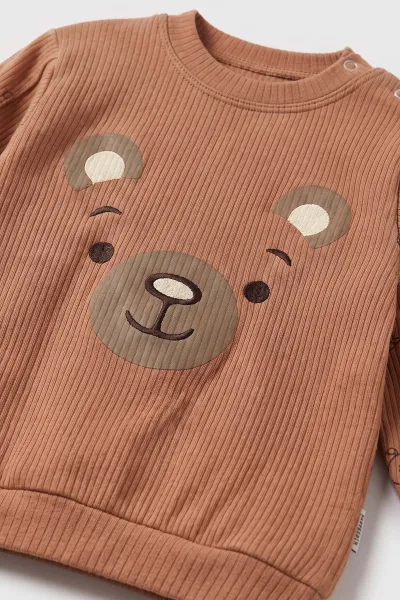 Kahve (9-24 Ay)Ayıcık Baskılı Lastikli Paça Fitilli Kumaş  Erkek Bebek Takım 480190