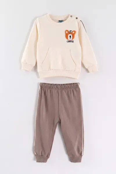 Kahve (9-24 Ay)Ayıcık Süzene Nakışlı İki İp Erkek Bebek Takım 475546